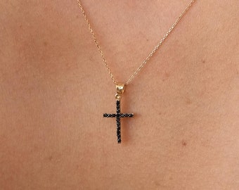 14K Gold Cross Necklace, Black Stone Crucifix Pendant Chain, Jesus Christ Religious Jewelry, Dainty Cross Charm, Christian Gift, Christmas