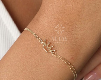 14K Gold Crown Bracelet, Tiny Solid Gold Crown Bracelet, Delicate Crown Bracelet, Dainty Gold Princess Bracelet, Mini Crown Bracelet Gift