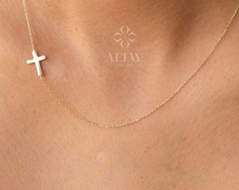 14K Gold Sideways Cross Necklace, Dainty Gold Cross Charm, Jesus Christ Religious Jewelry, Christening Baptism Gift, Tiny Cross Pendant