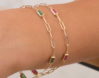 14K Gold Paperclip Chain Bracelet, Gemstone Link Bracelet, Dainty Gold Bracelet, Minimal Everyday Gold Jewelry Gift for Her