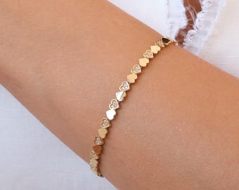 14K Gold Heart Bracelet, 3mm Minimal Dainty Gold Bracelet, Heart Charm Jewelry Gift for Her