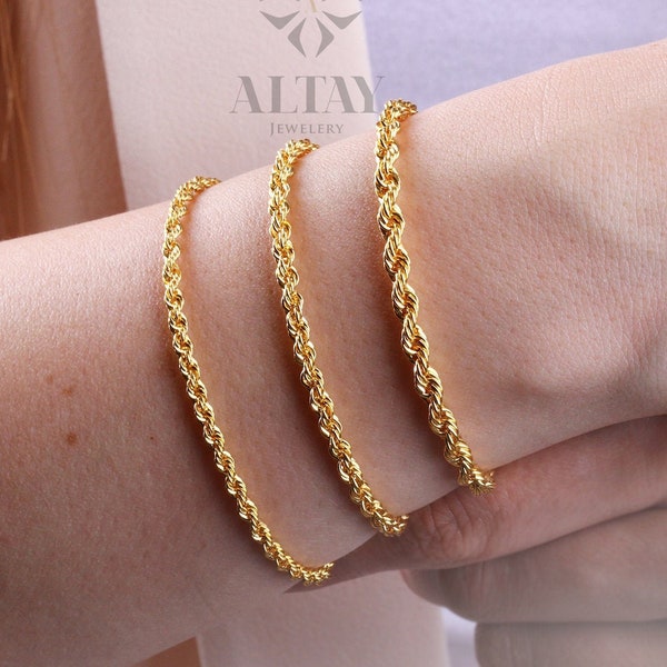 14K Gold Rope Chain Bracelet, 2mm 3mm 4mm Rope Chain, Diamond Cut Twisted Chain Bracelet, Men, Woman Stacking Bracelet Anklet, Gift For Her