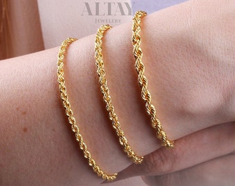 14K Gold Rope Chain Bracelet, 2mm 3mm 4mm Rope Chain, Diamond Cut Twisted Chain Bracelet, Men, Woman Stacking Bracelet Anklet, Gift For Her