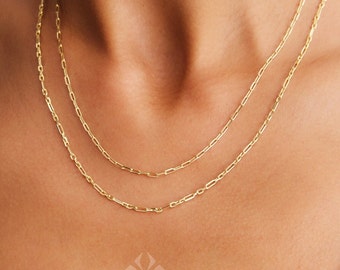 14K Gold Paperclip Chain Necklace, Rectangle Link Choker, Link Chain Necklace, Italian Paperclip Chain Necklace, Dainty Layering Link Chain