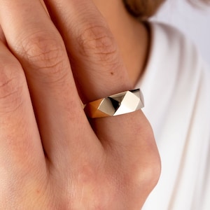 14K Gold Edge Ring, Dainty Gold Dome Band Ring, Geometric Chunky Gold Ring, Thick Band Statement Ring, Designer Angular Ring, Unique  Ring