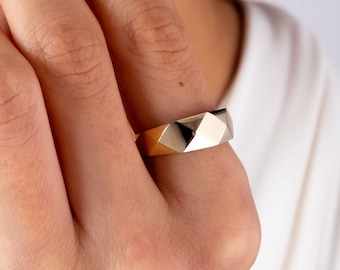 14K Gold Edge Ring, Dainty Gold Dome Band Ring, Geometric Chunky Gold Ring, Thick Band Statement Ring, Designer Angular Ring, Unique  Ring
