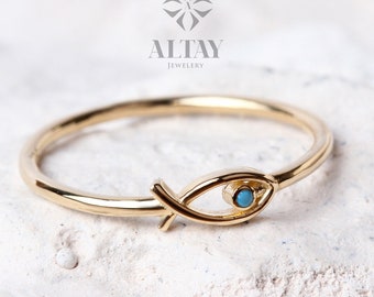 14K Gold Fish Ring, Ichthus Fish Minimal Ring, Turquoise Dainty Gold Stacking Ring, Horoscope Marine Jewelry, Good Luck, Gift for Her