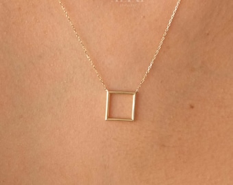 14K Gold Open Square Necklace, Small Square Pendant, Square Charm Choker, Family Necklace, Mini Kite Necklace, Dainty Layering Necklace