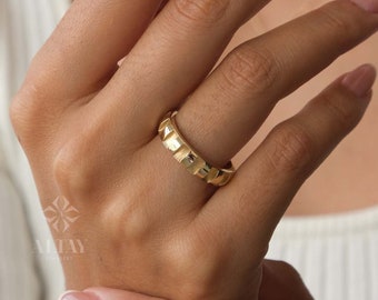 14K Gold Ribbed Dome Band Ring, Chunky Dome Ring, Stackable Gold Ring, Half Eternity Dome Statement Ring, Gold Thick Band Ring, Gift For Her