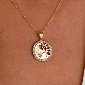 14K gouden levensboom ketting, stamboom CZ diamanten hanger ketting, levensboom cirkel charme, minimalistische vrouwen sieraden, sierlijke choker