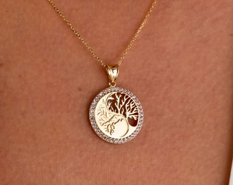 14K Gold Tree of Life Necklace, Family Tree CZ Diamond Pendant Necklace, Tree of Life Circle Charm, Women Minimalist Jewelry, Dainty Choker