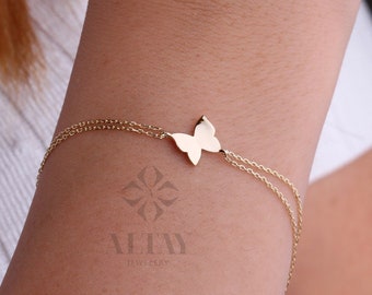 14K Gold Butterfly Bracelet, Butterfly Charm Bracelet, Dainty Gold Stacking Bracelet, Animal Bracelet, Stacking Bracelet, Gift for Her