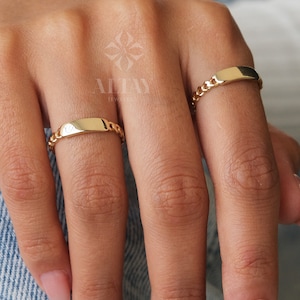 14K gouden sierlijke staafring, Cubaanse schakelring, dikke ketting naamring stoeprand, aangepaste rechthoekring, Memorial Gold stapelring, letterband