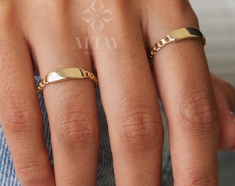 14K Gold Dainty Bar Ring, Cuban Link Ring, Thick Chain Curb Name Ring, Custom Rectangle Ring, Memorial Gold Stacking Ring, Letter Band