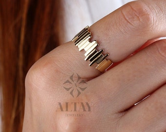 14K Solid Gold ZigZag Thicker Ring, Statement Ring, Sticks Ring, Unique Design, Minimalist, Gift For Her, Real Gold, Christmas Jewelry