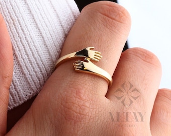 14K gouden knuffelring, unieke liefde knuffelende handenring, knuffel gouden ring, sierlijke handring, eenvoudige handgemaakte ring, tweehandige gouden ring