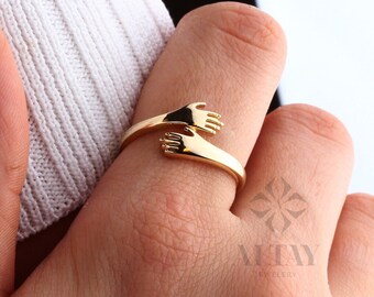 14K Gold Hug Ring, Unique Love Hugging Hands Ring, Hug Gold Ring, Dainty Hand Ring, Simple Handmade Ring, Two Hand Gold Ring