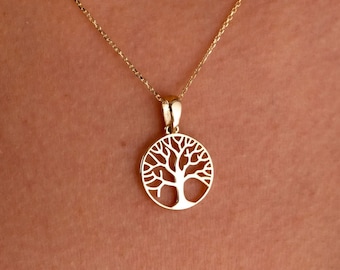 14K Gold Tree of Life Necklace, Family Tree Pendant Necklace, Tree of Life Charm, Women Minimalist Jewelry, Dainty Choker, Circle Tree
