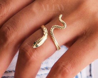 14K Gold Snake Ring, Wrap Serpent Band, Birthstone Eyes Ring, Dainty Stacking Animal Rings, Open Band Gemstone Custom Ring, Anniversary Ring