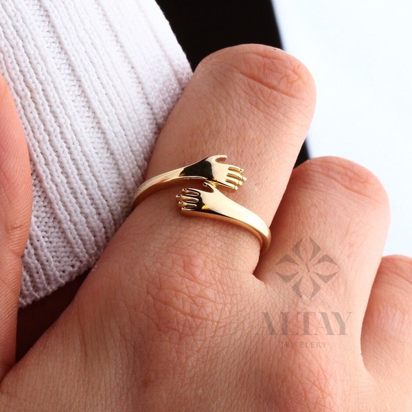 14K Gold Hug Ring, Einzigartiger Love Hugging Hands Ring, Hug Gold Ring, zierlicher Handring, schlichter handgefertigter Ring, Zwei-Hand-Goldring