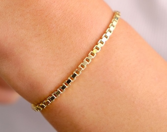 14K Gold Box Chain Bracelet, 2.7mm Square Box Chain Bracelet, Shiny Box Chain Anklet, Dainty Layered Bracelet, Simple Chain Bracelet