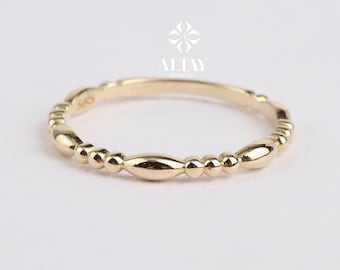 14K Gold Ball Ring, Beaded Knuckle Band, Tiny Bead Ring,  Minimalist Stacking Ring, Oval Bead Eternity Ring, Dainty Wedding Ring, Drop Shape
