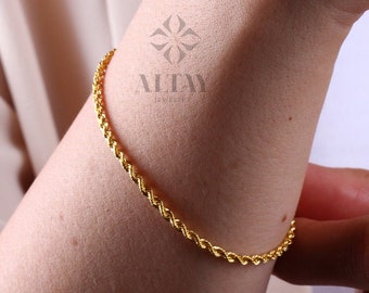 14K Solid Gold Rope Chain Bracelet, 2mm Diamond-Cut Bracelet, Twist Chunky Anklet Unisex Chain, Fashion Delicate, Stacking, Gift For Her Him