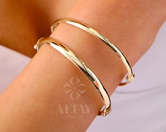 Pulsera de oro clásica con bisagras de oro de 14K, brazalete de cúpula de oro personalizado, pulsera de 4 mm y 5 mm de ancho, brazalete personalizado, puño apilable, brazalete grabado