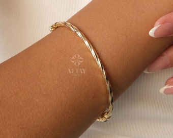 14K Gold Twist Bangle, Hinged Gold Bracelet, Custom Gold Bangle, Stacking Gold Cuff, Gold Rope Bangle, Wire Stacking Cuff, Twisted Bracelet