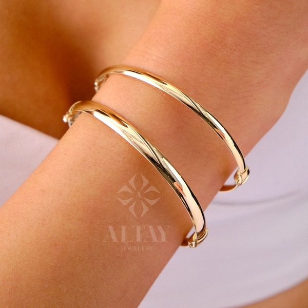 14K Gold Hinged Classic Gold Bracelet, Custom Gold Dome Bangle, 4mm 5mm Wide Bracelet, Personalized Bangle, Stacking Cuff, Engraved Bangle