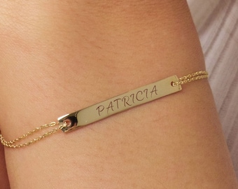 14K Gold Bar Bracelet, Custom Bar Bracelet, Personalized Name Bracelet, Engraved Bracelet for Women, Friendship Bracelet, Mothers Day Gift