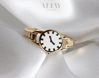 14K Gold Watch Ring, Round Clock Ring, Dainty Ring, Personalized Ring, Minimalist Ring, Boho Jewelry, Stackable Rings, Valentine's Day Gift