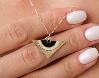14K Gold Sunburst Triangle Necklace, Art Deco Geometric Pendant, Minimal Statement Jewelry, Unique Gift for Her