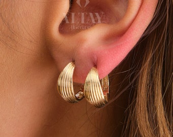 14K Gold Dome Huggie Earrings, Ribbed Huggie Hoop Earrings, Gold Dome Hoops, Unique Hoop Earring, Lined Gold Hinged Hoop Earring, Gift Her