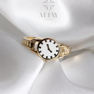 14K Gold Watch Ring, Round Clock Ring, Dainty Ring, Personalized Ring, Minimalist Ring, Boho Jewelry, Stackable Rings, Valentine&#39;s Day Gift