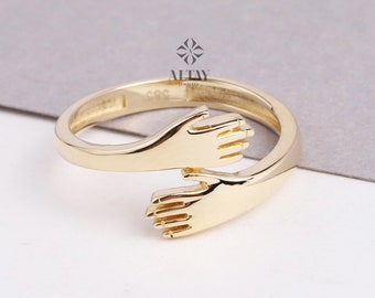 14K Gold Hug Ring, Gift For Her, Gift For Women, Love Hugging Hands Ring, Girlfriend Gift, Two Hand Gold Ring, Mothers Day Gift, Moms Gift