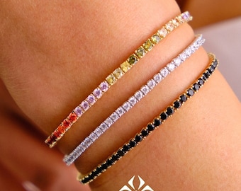 14K Gold Tennis Bracelet, 2mm Cz Diamond Tennis Bracelet, Cubic Zirconia Tennis Bracelet, Real Gold Women Bracelet, Multicolor Gold Bracelet