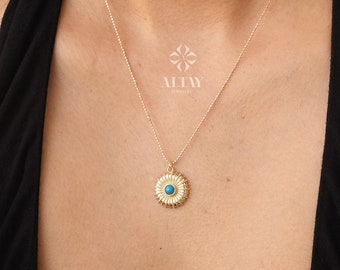 14K Gold Sunbeam Necklace, Turquoise Stone Medallion Necklace, Gold Sun Necklace, Coin Necklace, Sunburst Layering Necklace, Gift For Her