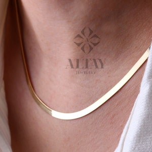 14K Gold Herringbone Necklace, Gold Herringbone Chain Choker, Flat Gold Chain Necklace, Simple Gold Chain Necklace, Herringbone Chain Gift