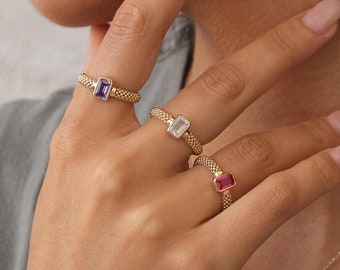 14K Gold Engagement Ring, Popcorn Band Gold Baguette Ring, Gemstone Anniversary Ring, Minimalist Stacking Ring, Birthstone Band Ring, Gift