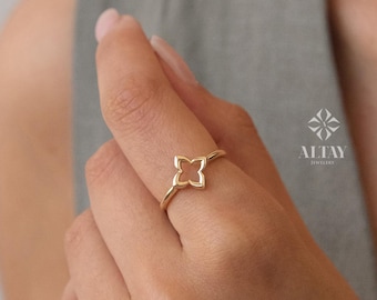 14K Gold Four Leaf Clover Ring, Open Clover Ring, Good Luck Clover Charm Ring, Gold Leaf, St. Patrick's Day Accessory Band, Gift for Her