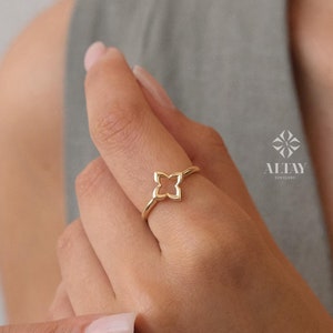 14K Gold Four Leaf Clover Ring, Open Clover Ring, Good Luck Clover Charm Ring, Gold Leaf, St. Patrick&#39;s Day Accessory Band, Gift for Her