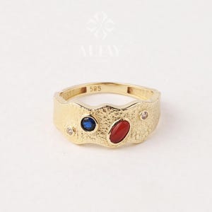 14K Gold Textured Gemstone Ring, Multi Stone Band Ring, Gold Statement Ring, Color Stone Gold Ring