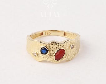 14K Gold Textured Gemstone Ring, Multi Stone Band Ring, Gold Statement Ring, Color Stone Gold Ring