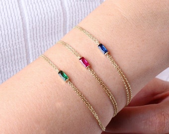 14K Gold Birthstone Bracelet, Baguette Birthstone Bracelet, Personalized Gemstone Bracelet, Dainty Gold Bracelet, Custom Bracelet Women