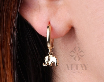 14K Solid Gold Elephant Earring, Huggie Gold Earring, Animal Hoop Gold Earring, Minimalist Hoop Earring, Good Fortune Symbol, Gift for Her