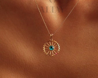 14K Gold Evil Eye Pendant Necklace, Eye Necklace, Hamsa Necklace, Moms Good Luck Charm, Protection Symbol, Nazar Charm Medallion