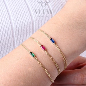 14K Gold Birthstone Bracelet, Baguette Birthstone Bracelet, Personalized Gemstone Bracelet, Dainty Gold Bracelet, Custom Bracelet Women