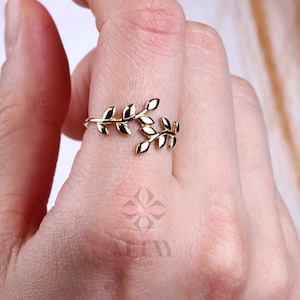 14K Gold Leaf Branch Ring, Gold Leaf Twig Ring, Rose Gold Leaf Ring, Layering Ring, Vine Ring, Laurel Ring, Nature Jewelry, Tree ring