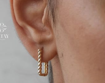 14K Gold Rectangle Rope Earrings, Twisted Stone Hoop Earrings, Tiny Spiral Dainty Earring, Dainty Delicate Gift For Her, Mothers Day Gift